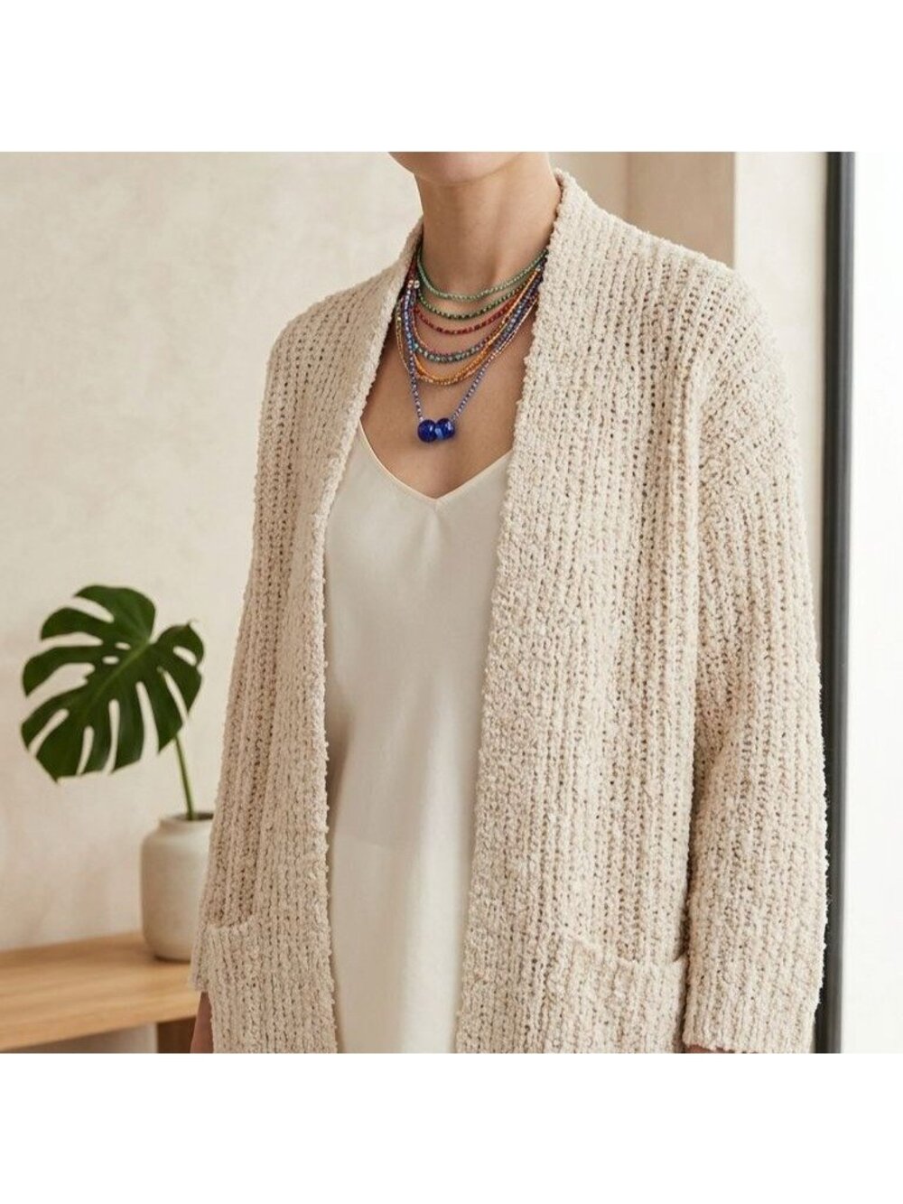 Eileen Fisher Size Large Cream Peruvian Alpaca Boucle Knit Open Cardigan Sweater